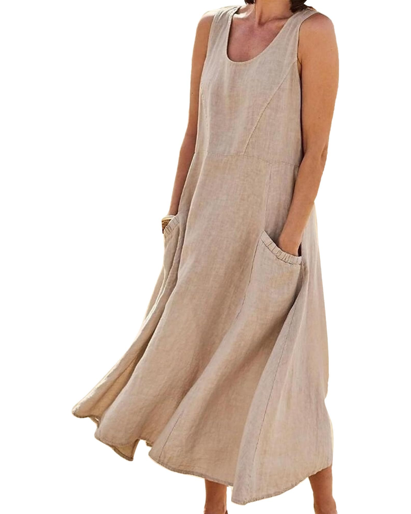 Emilia Vestito Donna Maxi – Misto Lino, Senza Maniche, Tasche & Fit Fluido
