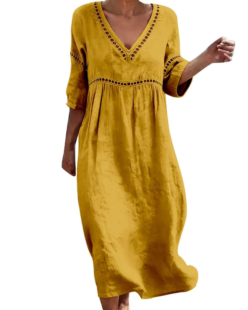 Natalie Dámské midi šaty – Boho styl, výstřih do V, stahování v pase a kapsy