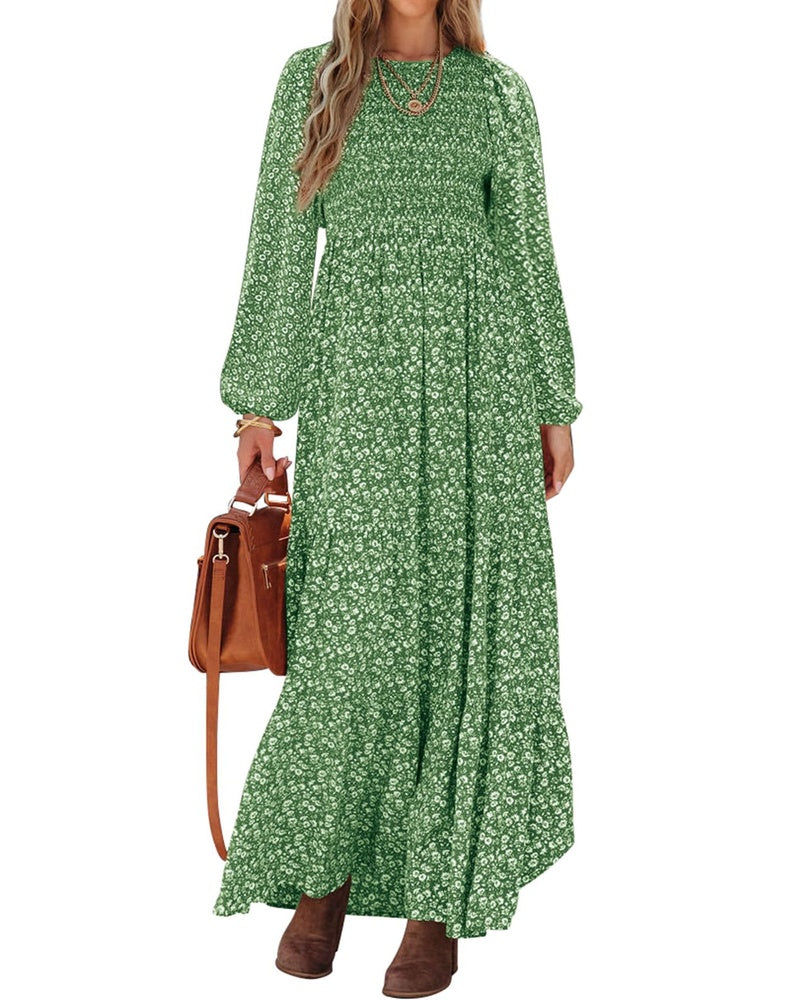 Emma Vestido Mujer – Vestido Largo Floral con Corsé Fruncido, Mangas Largas y Falda con Volantes