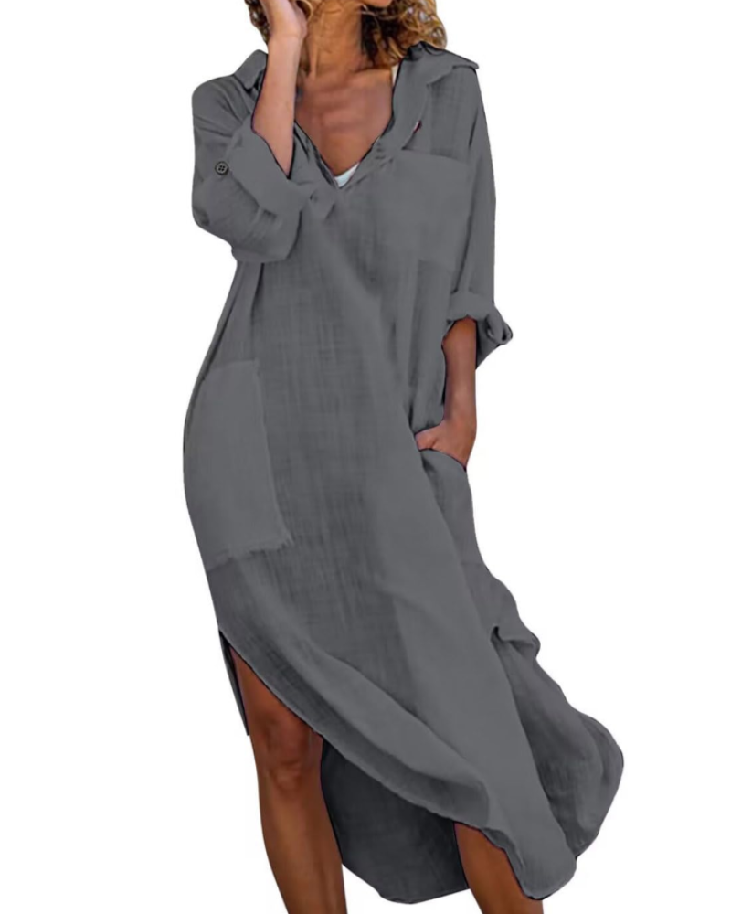 Madison Vestido Mujer – Vestido Camisa Largo de Algodón y Lino con Mangas Remangadas y Botones