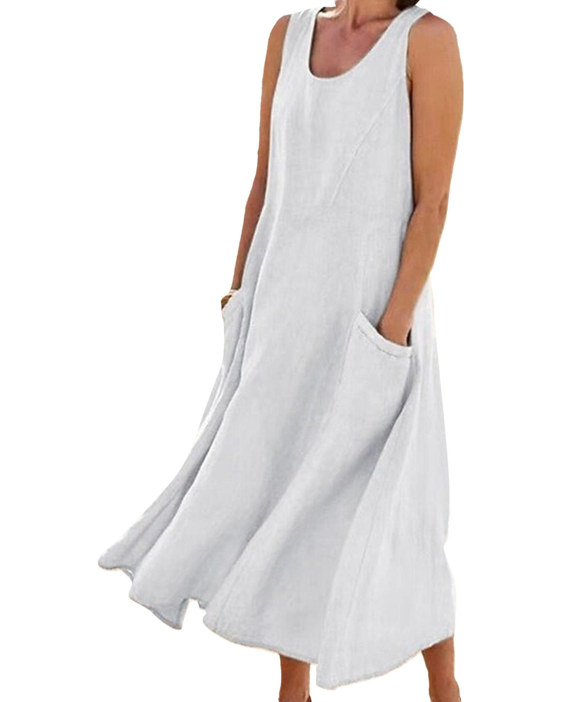Emilia Vestito Donna Maxi – Misto Lino, Senza Maniche, Tasche & Fit Fluido