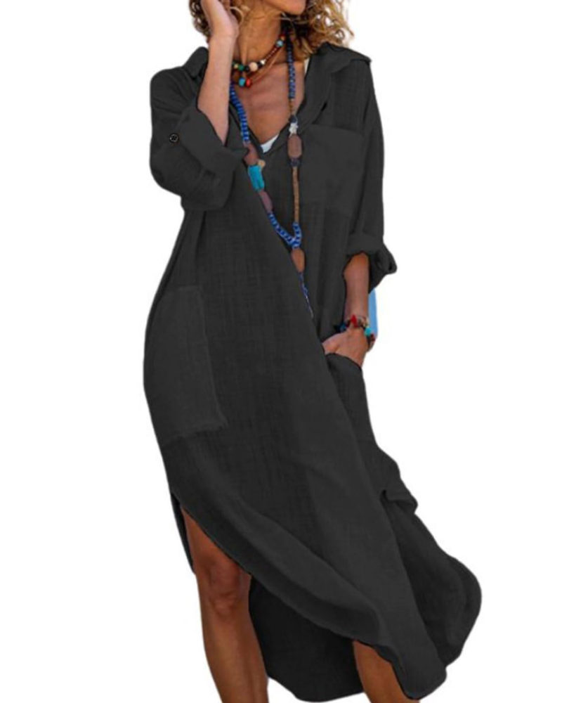 Madison Vestido Mujer – Vestido Camisa Largo de Algodón y Lino con Mangas Remangadas y Botones