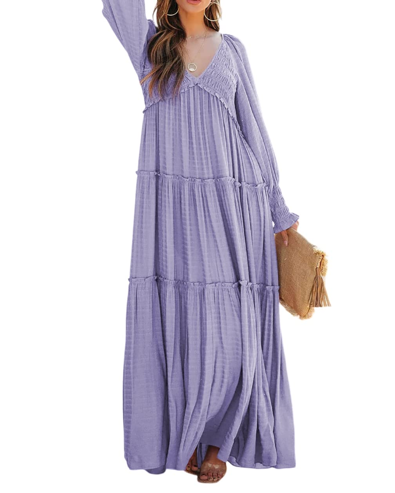 Sophie Vestido de Mujer – Maxi Bohemio con Escote en V, Mangas Largas y Falda con Volantes