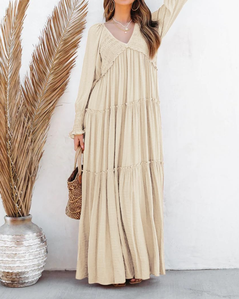 Sophie Abito Donna – Boho maxi ruha V-nyakkal, hosszú ujjakkal és fodros szoknyával