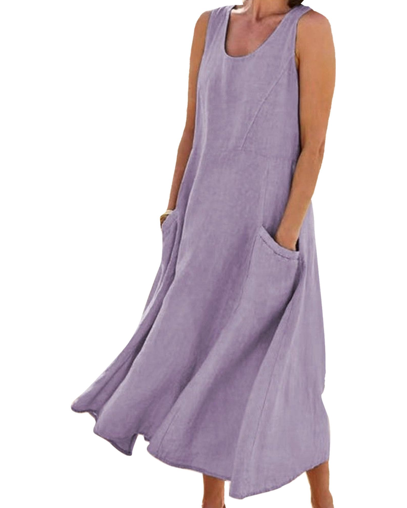 Emilia Vestito Donna Maxi – Misto Lino, Senza Maniche, Tasche & Fit Fluido
