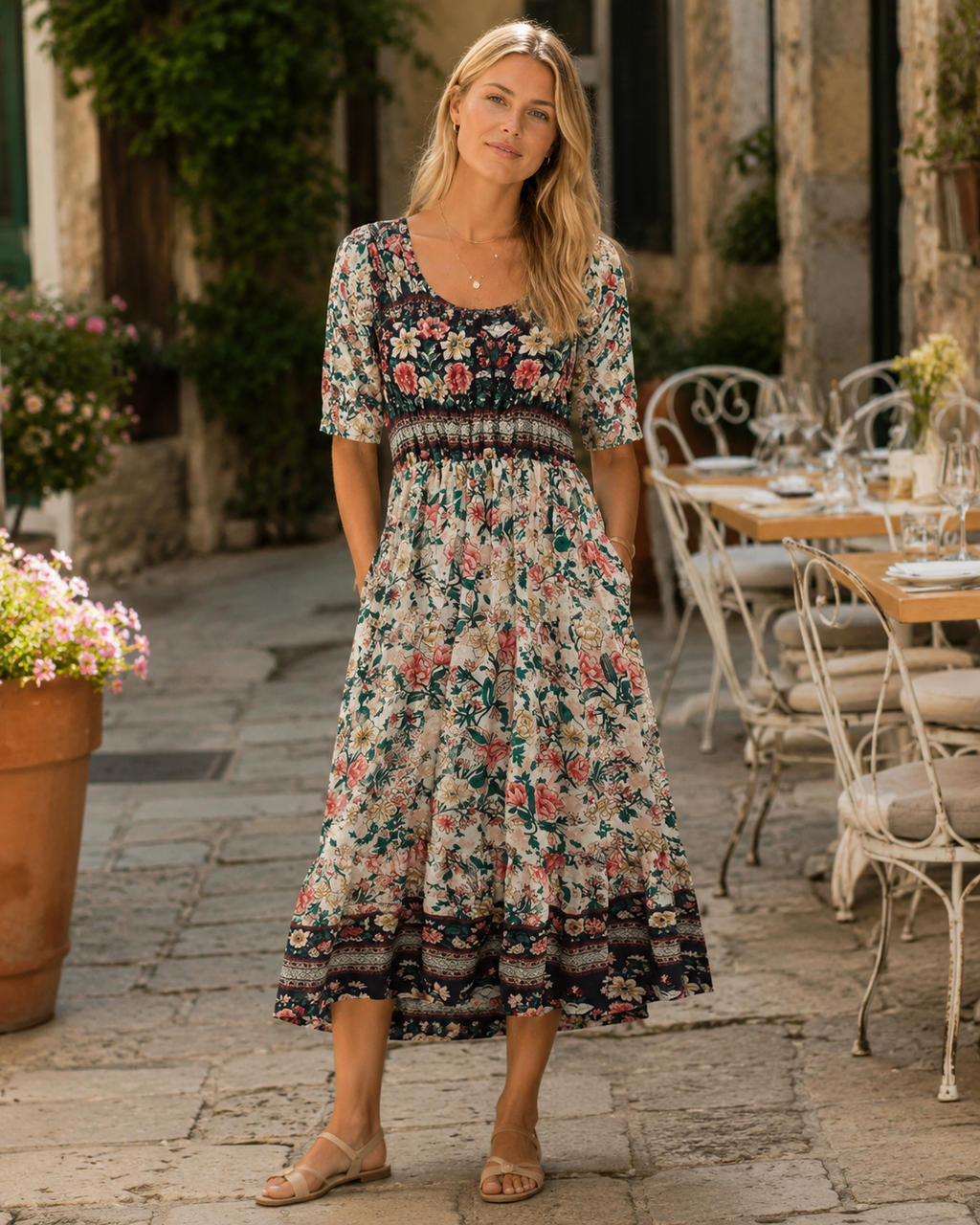 Robe midi pour femme Tessa – Imprimé floral bohème, manches courtes, poches et coupe ample