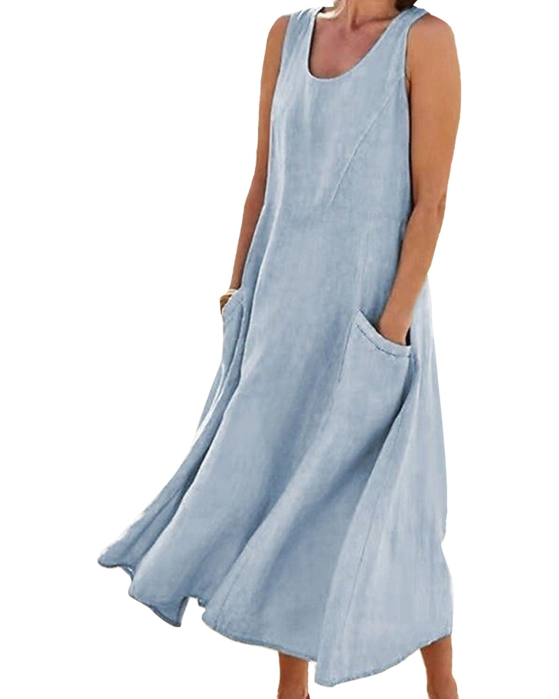 Emilia Vestito Donna Maxi – Misto Lino, Senza Maniche, Tasche & Fit Fluido