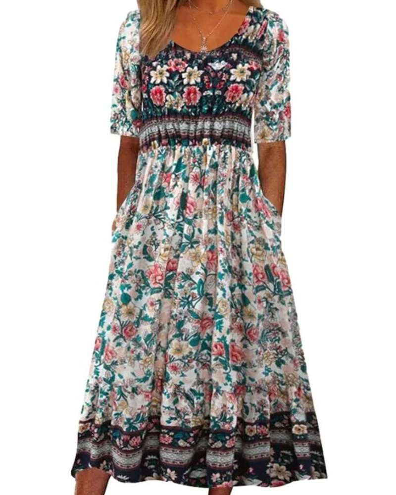 Robe midi pour femme Tessa – Imprimé floral bohème, manches courtes, poches et coupe ample