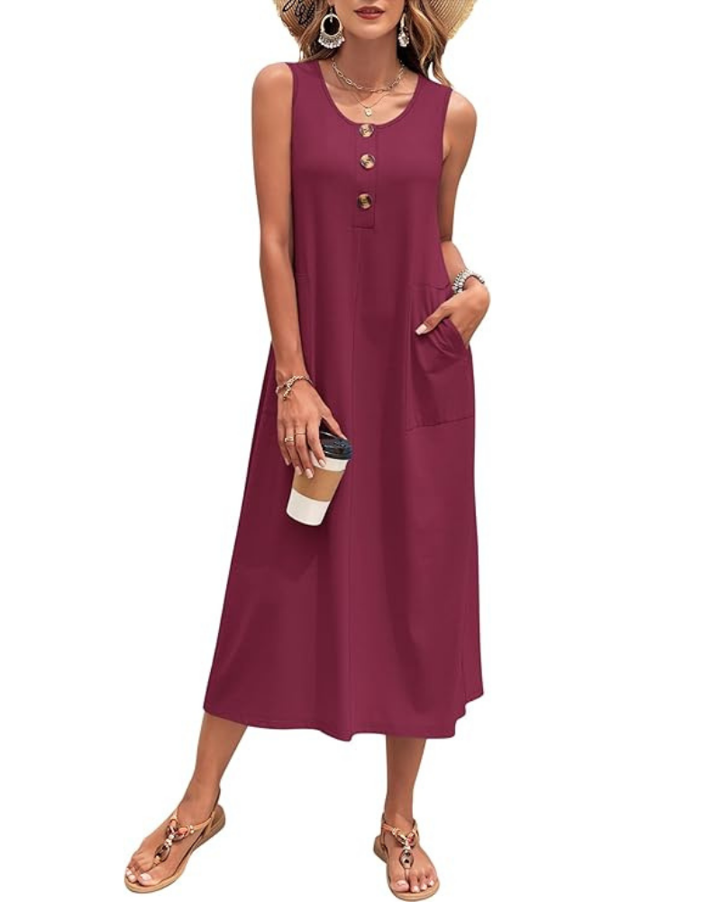 Grace Vestido largo para mujer – Sin mangas, botones, bolsillos y tejido elástico