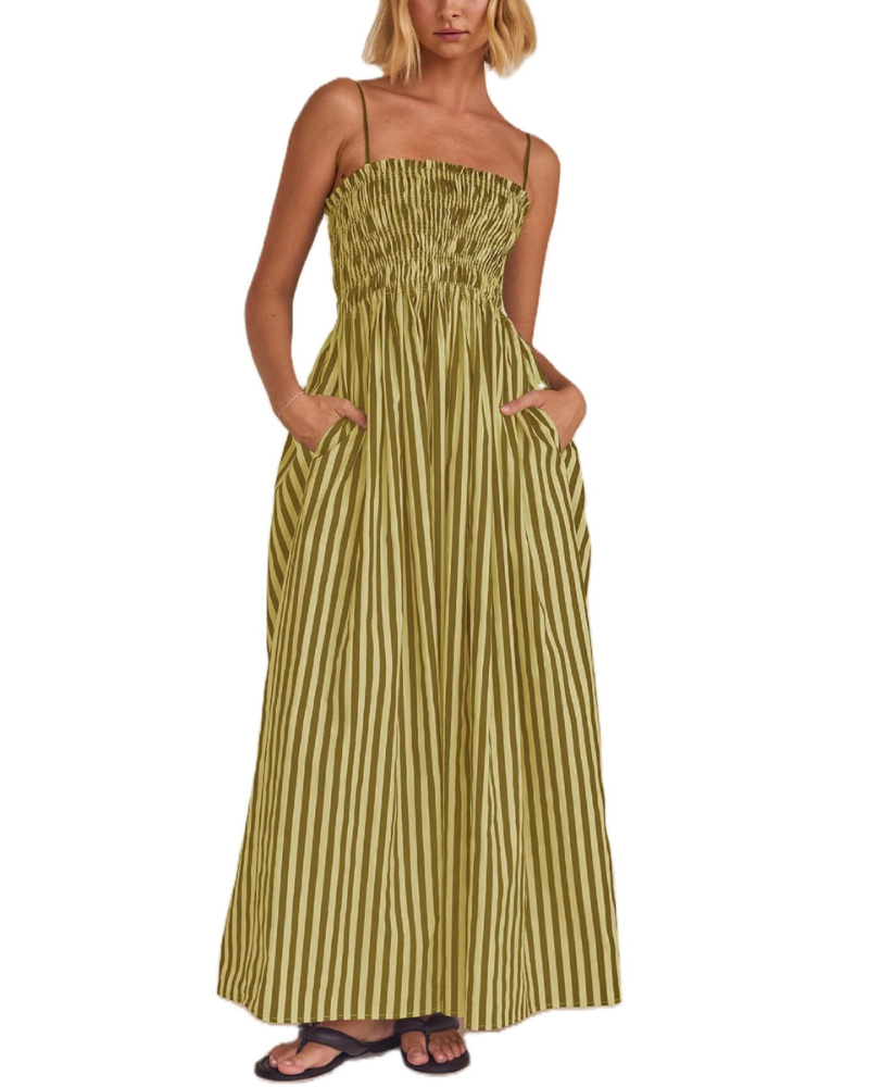 Vestido largo de mujer Lillian – Rayas verticales, escote cuadrado, tirantes y volantes