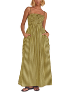 Vestido largo de mujer Lillian – Rayas verticales, escote cuadrado, tirantes y volantes
