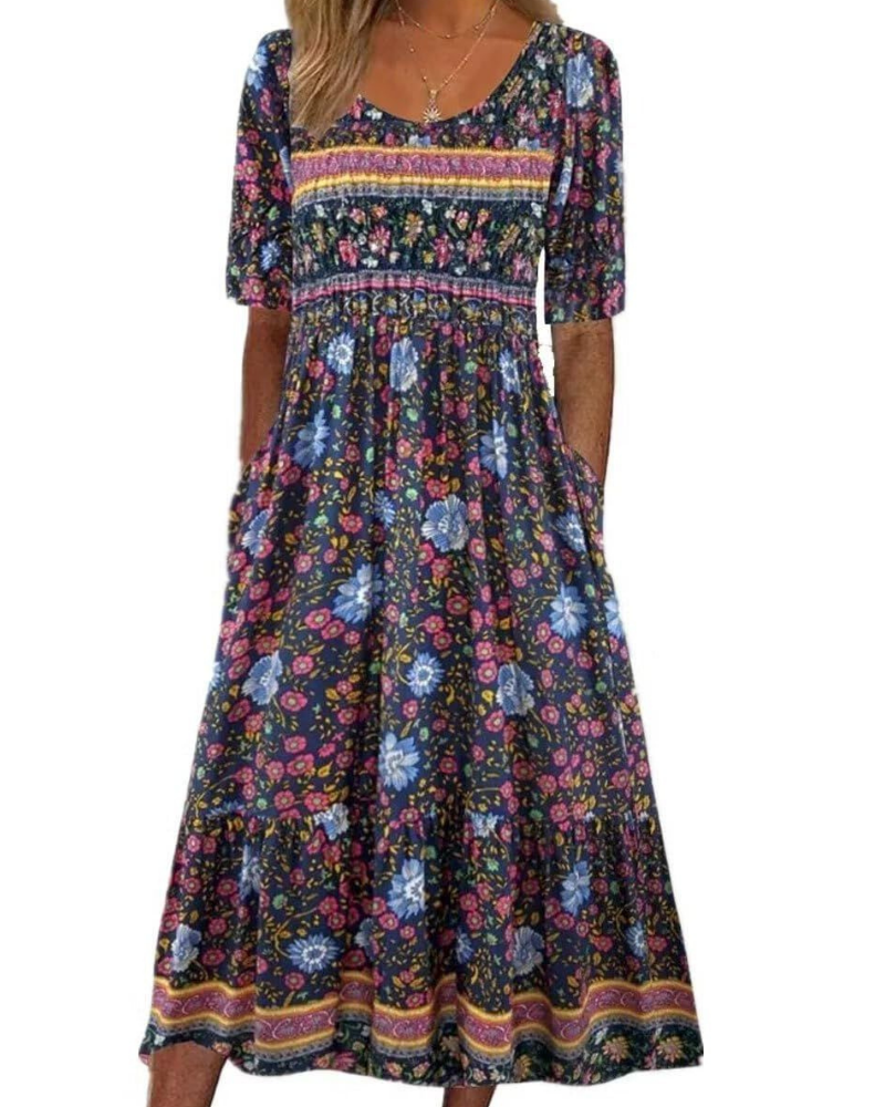 Tessa Dámské midi šaty – Boho květinový potisk, krátké rukávy, kapsy a volný střih