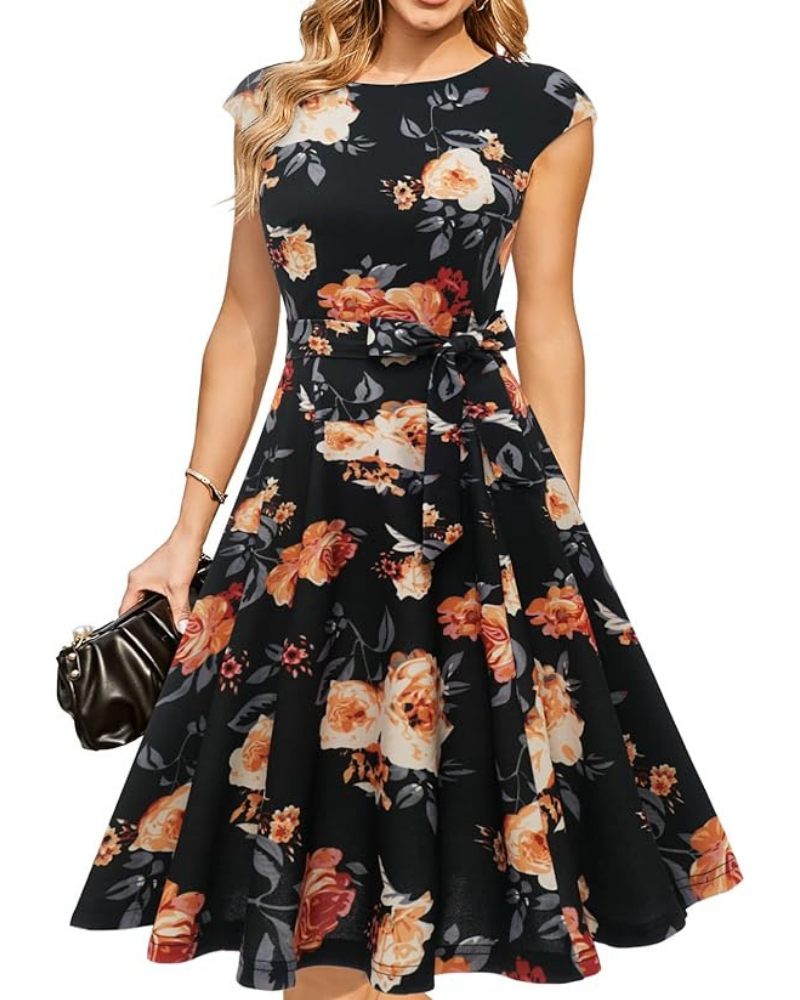 Vestido midi de mujer Juliette – Corte acampanado, cinturón extraíble y mangas cortas