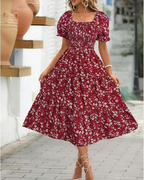 Evelyn rochie midi de damă – imprimeu floral, mâneci bufante și talie definită