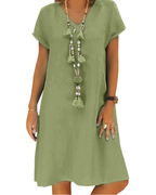 Sophie Vestito Donna Midi – Cotone Lino, Scollo a V, Maniche Corte & Tasche