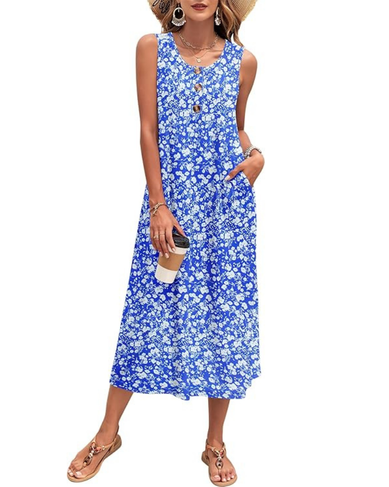 Grace Vestito Donna Maxi – Senza Maniche, Bottoni, Tasche & Tessuto Stretch
