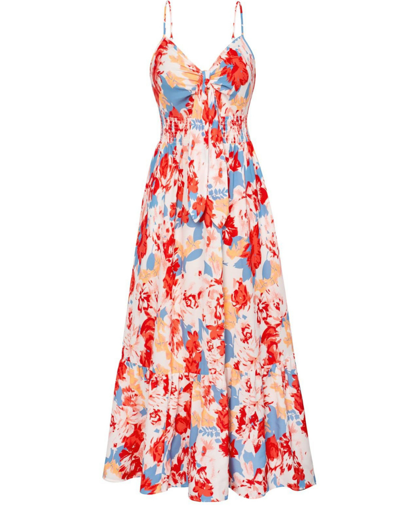 Hazel Vestito Donna Maxi – Stampa Floreale, Spalline Regolabili, Nodo & Volant