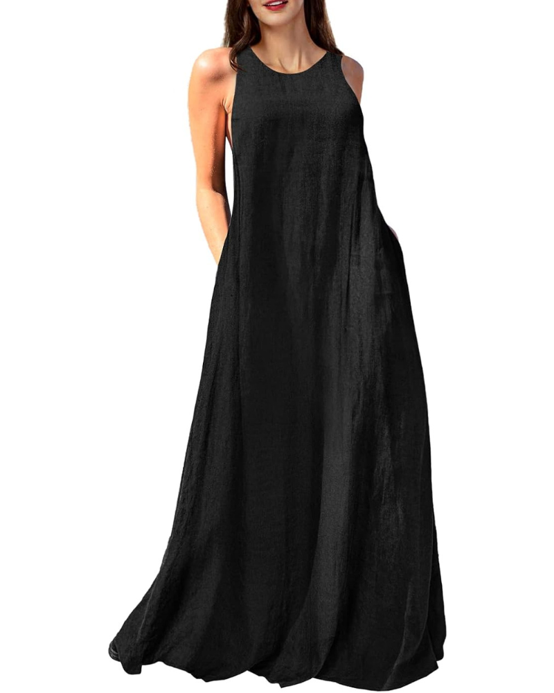 Vivian Vestito Donna Maxi Lino – Senza Maniche, Racerback & Tasche Laterali