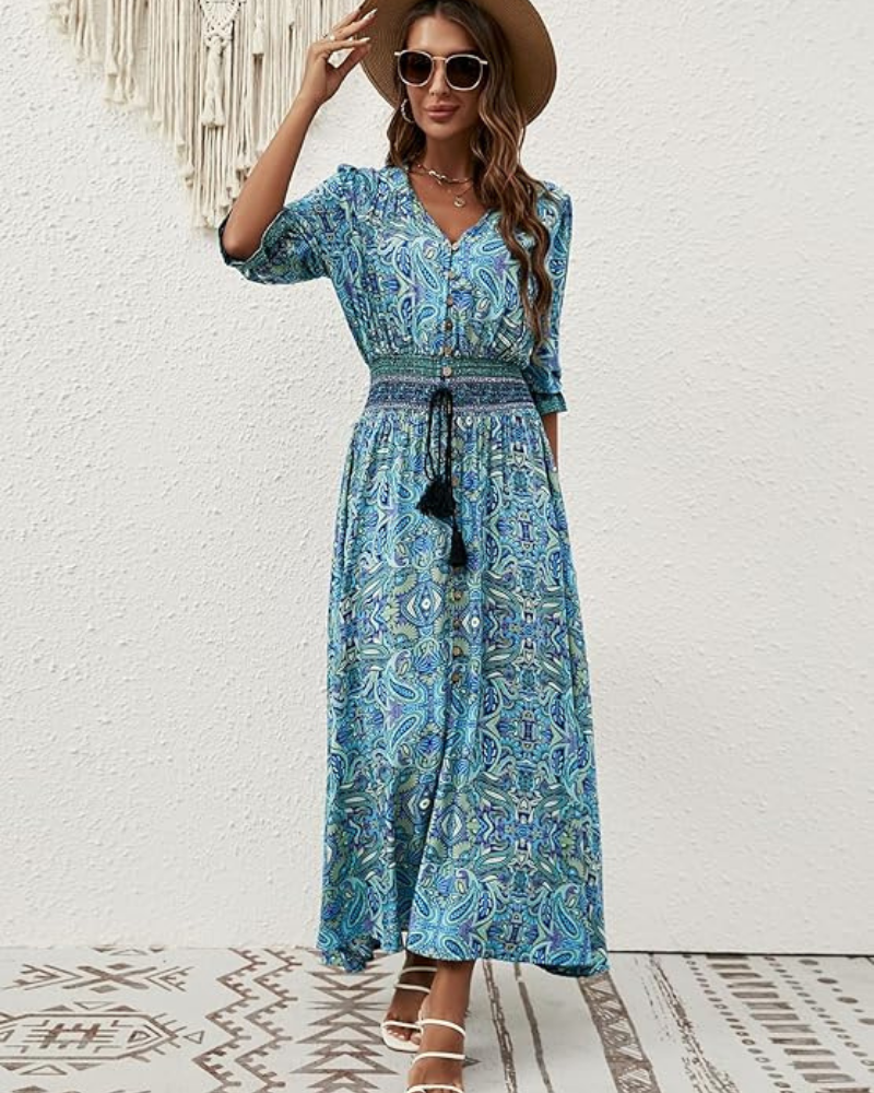 Robe midi pour femme Clara – Viscose, col en V, imprimé floral et ceinture
