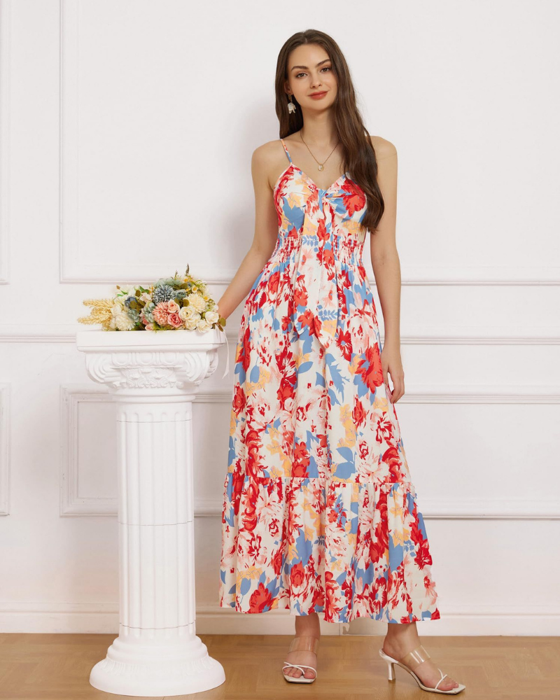 Hazel Vestito Donna Maxi – Stampa Floreale, Spalline Regolabili, Nodo & Volant