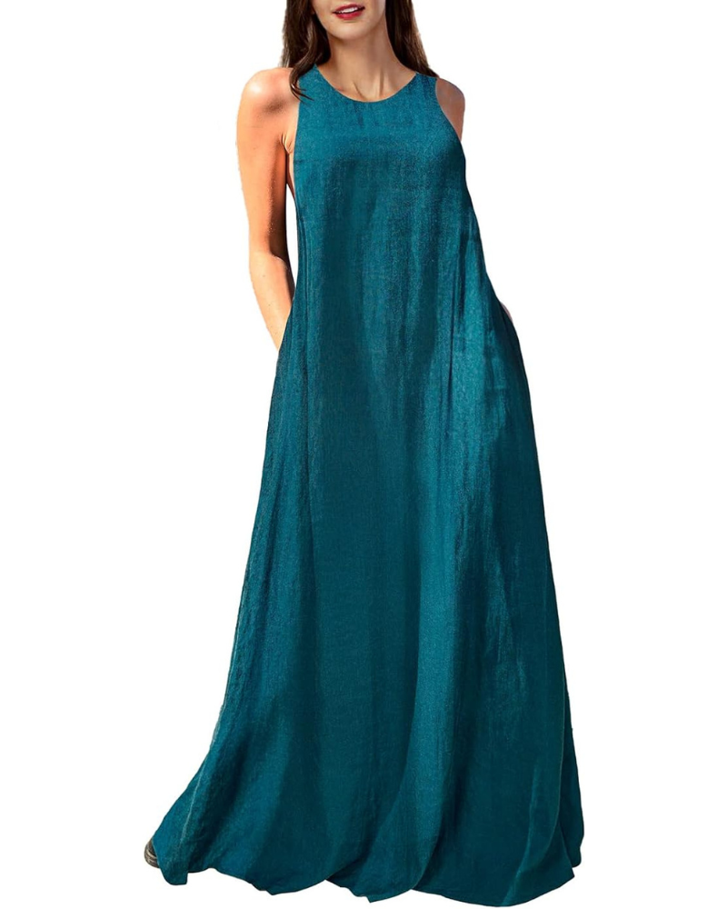 Vivian Vestito Donna Maxi Lino – Senza Maniche, Racerback & Tasche Laterali