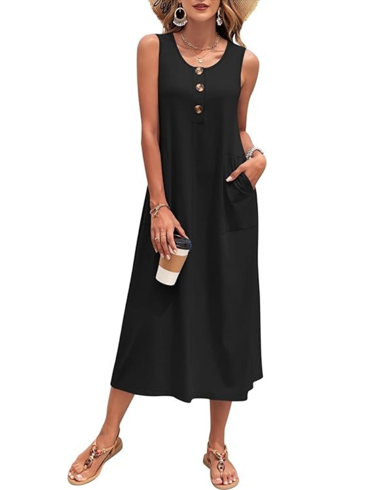 Grace Vestito Donna Maxi – Senza Maniche, Bottoni, Tasche & Tessuto Stretch