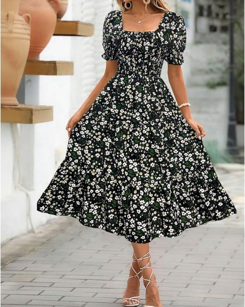 Evelyn női midi ruha – Virágmintás, puffos ujjak és hangsúlyos derék