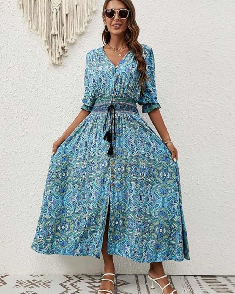 Robe midi pour femme Clara – Viscose, col en V, imprimé floral et ceinture