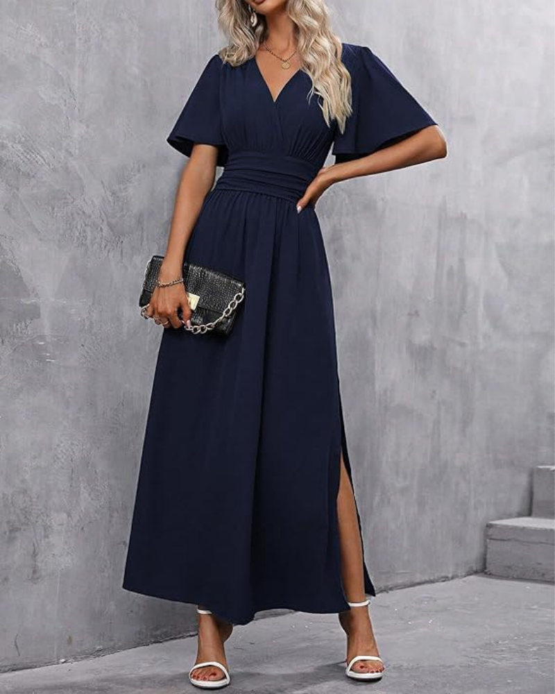 Isabelle Vestito Donna Maxi – Scollo a V, Vita Smock, Maniche Puff & Spacco