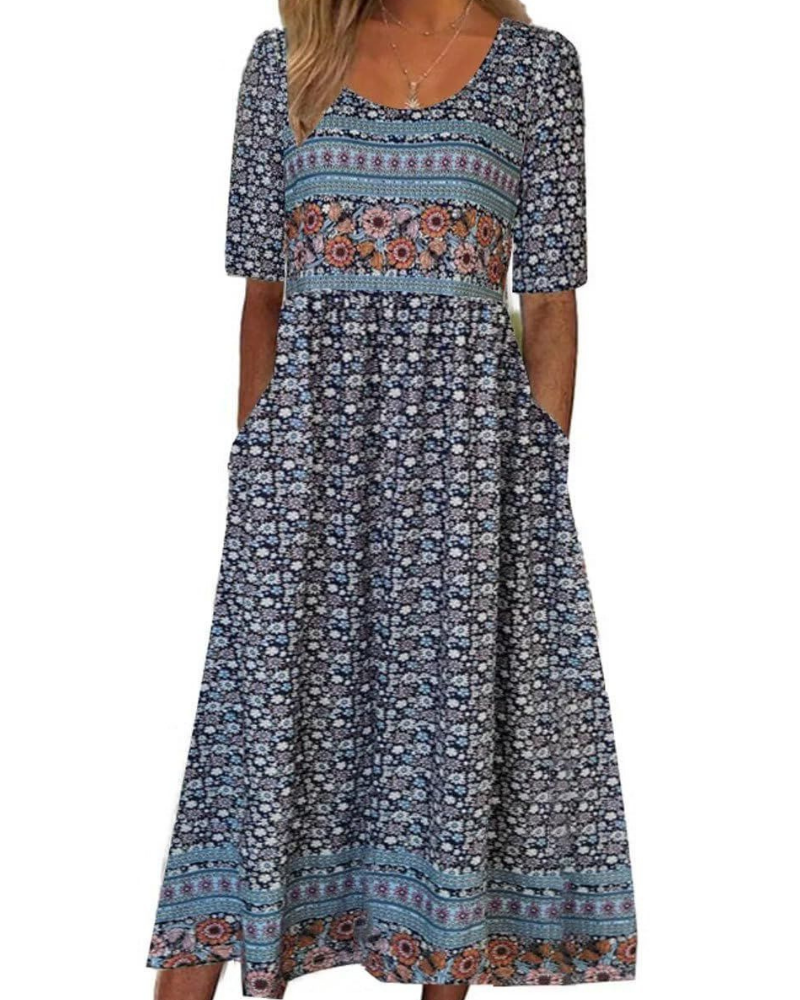Tessa Dámské midi šaty – Boho květinový potisk, krátké rukávy, kapsy a volný střih