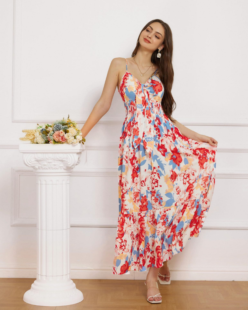 Hazel Vestito Donna Maxi – Stampa Floreale, Spalline Regolabili, Nodo & Volant