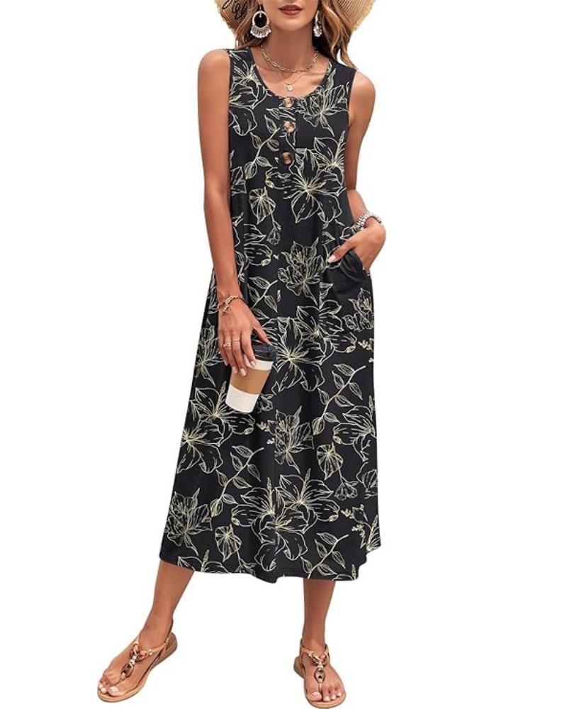 Grace Vestito Donna Maxi – Senza Maniche, Bottoni, Tasche & Tessuto Stretch