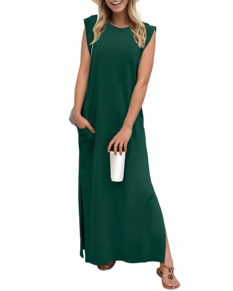 Brielle Vestido Mujer Maxi – Cuello Redondo, Sin Mangas, Bolsillos y Abertura