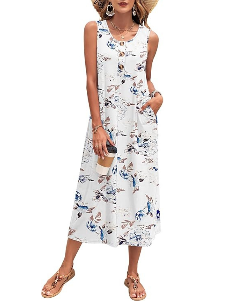Grace Vestito Donna Maxi – Senza Maniche, Bottoni, Tasche & Tessuto Stretch
