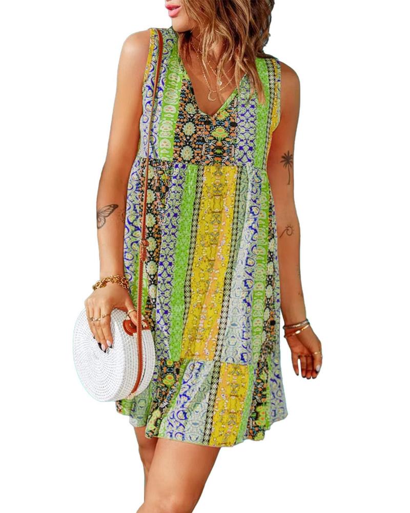 Isla Vestito Donna Mini – Stile Boho, Scollo a V, Senza Maniche & Orlo Volant