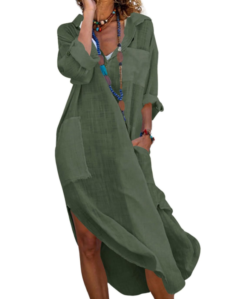 Madison Damenkleid – Langes Hemdkleid aus Baumwoll-Leinen mit aufgekrempelten Ärmeln und Knöpfen