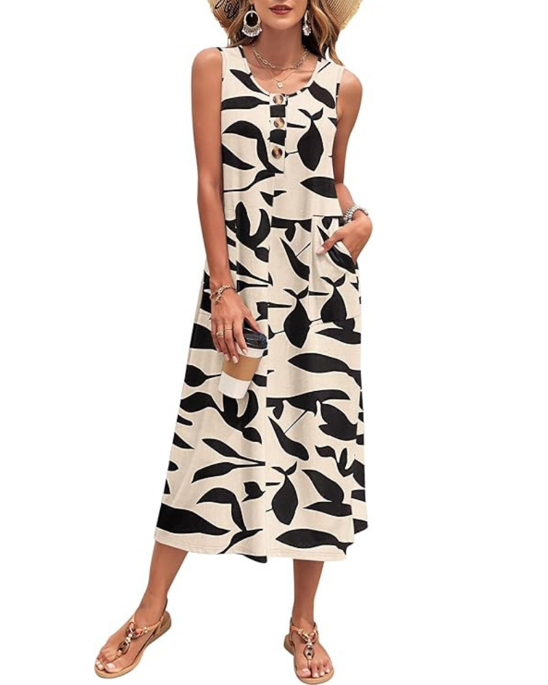Grace Vestito Donna Maxi – Senza Maniche, Bottoni, Tasche & Tessuto Stretch