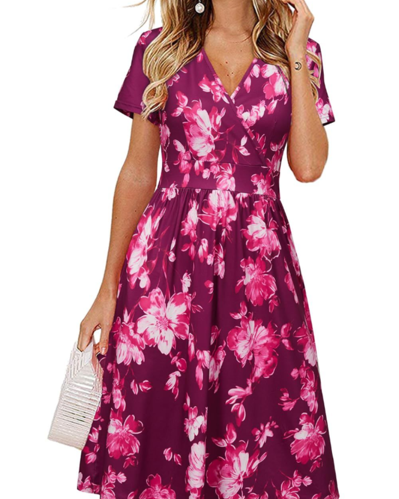 Sienna Vestito Donna Midi – Scollo a V, Maniche Corte, Tasche & Taglio Wrap