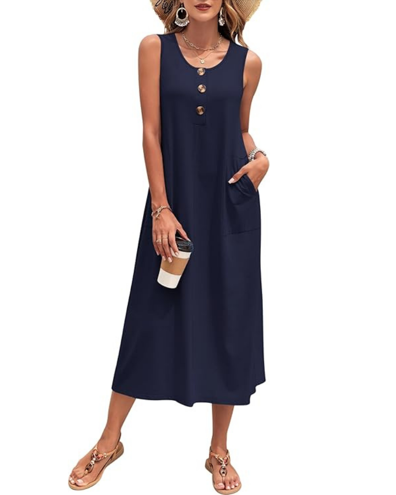 Grace Vestito Donna Maxi – Senza Maniche, Bottoni, Tasche & Tessuto Stretch