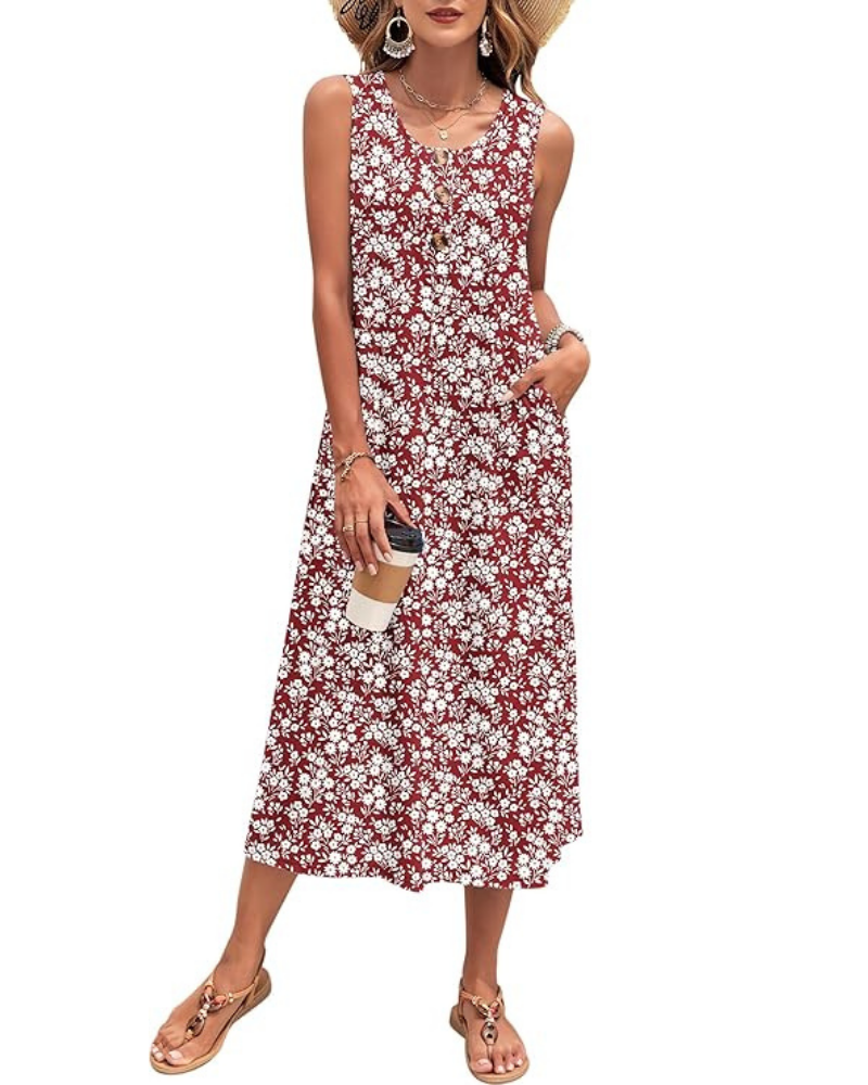 Grace Vestito Donna Maxi – Senza Maniche, Bottoni, Tasche & Tessuto Stretch