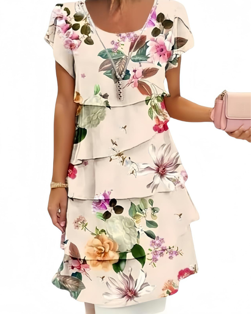 Elena Vestito Donna Midi – Stampa Floreale Boho, Girocollo & Gonna Cascata