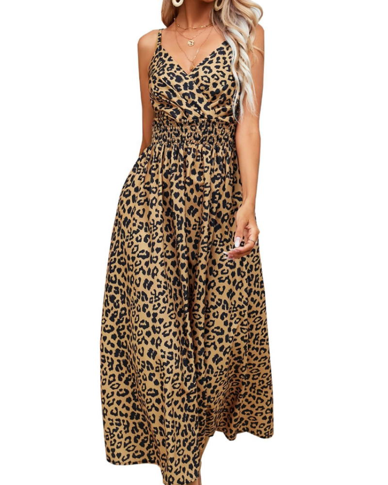Sienna Vestito Donna Maxi – Stampa Leopardata, Scollo a V, Schiena Aperta & LiAnea A