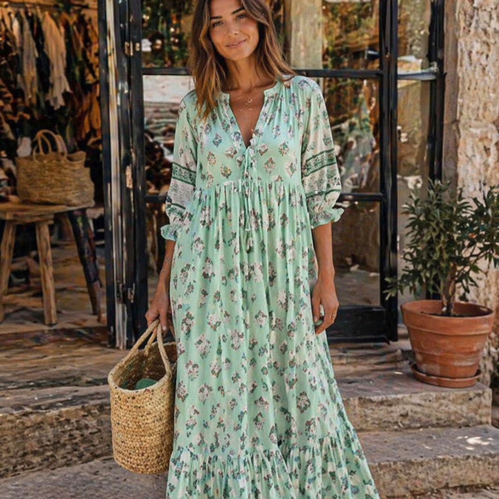 Ria Abito Donna Elegante – Vestito Primaverile Scollo V, Maniche Sbuffo, Floreale