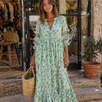Ria Abito Donna Elegante – Vestito Primaverile Scollo V, Maniche Sbuffo, Floreale