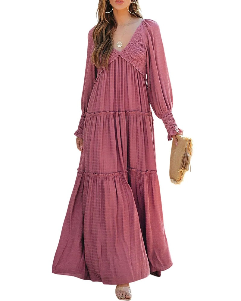 Sophie Vestido de Mujer – Maxi Bohemio con Escote en V, Mangas Largas y Falda con Volantes