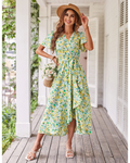 Amelia Robe midi pour femme – Imprimé floral bohème, col en V, volants et ceinture