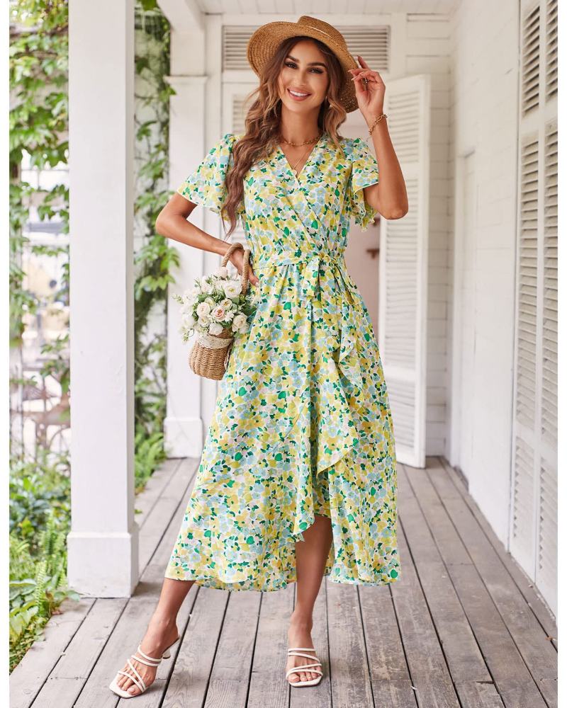 Amelia Robe midi pour femme – Imprimé floral bohème, col en V, volants et ceinture