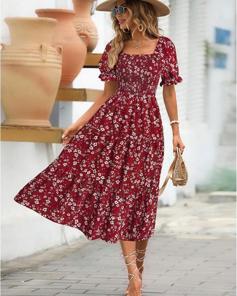 Evelyn rochie midi de damă – imprimeu floral, mâneci bufante și talie definită