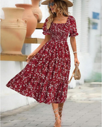 Evelyn rochie midi de damă – imprimeu floral, mâneci bufante și talie definită