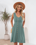 Rochie de vară de damă Claire – Decolteu în V, croială în A cu buzunare și talie elastică